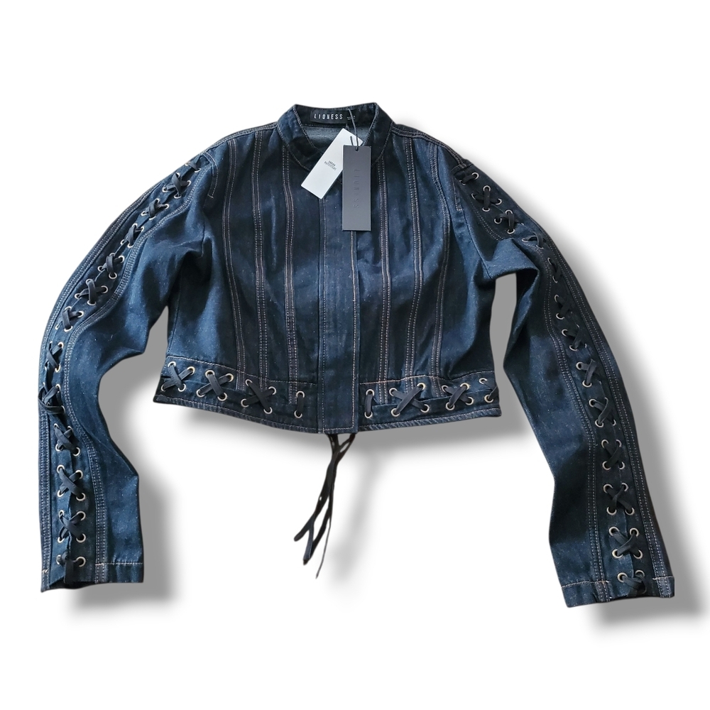 Lioness Dark Indigo Berlin Denim Crop Jacket with Lace-Up Accents Size L US 8 - Picture 4 of 14